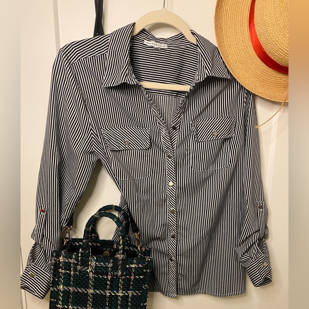 Notations Black White Button Down Blouse Medium